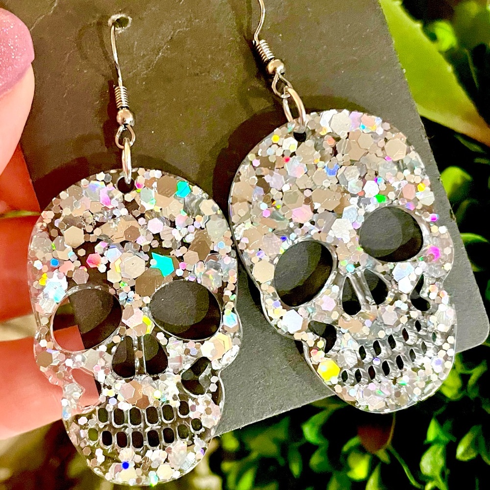 Silver Sparkle Skull Earrings